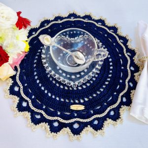 Luxe Blue Placemats with Sparkly Beige Motifs and Napkin Rings (Set of 6)